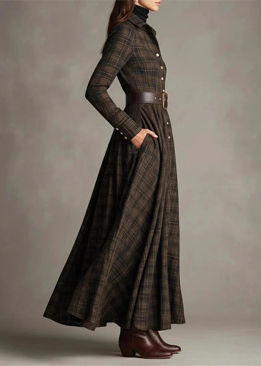 Women's Long Sleeve Dress Plaid With Peter Pan Collar 1