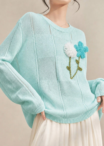 Women's Long Sleeve Embroidered Floral Knit Sweater Top 2