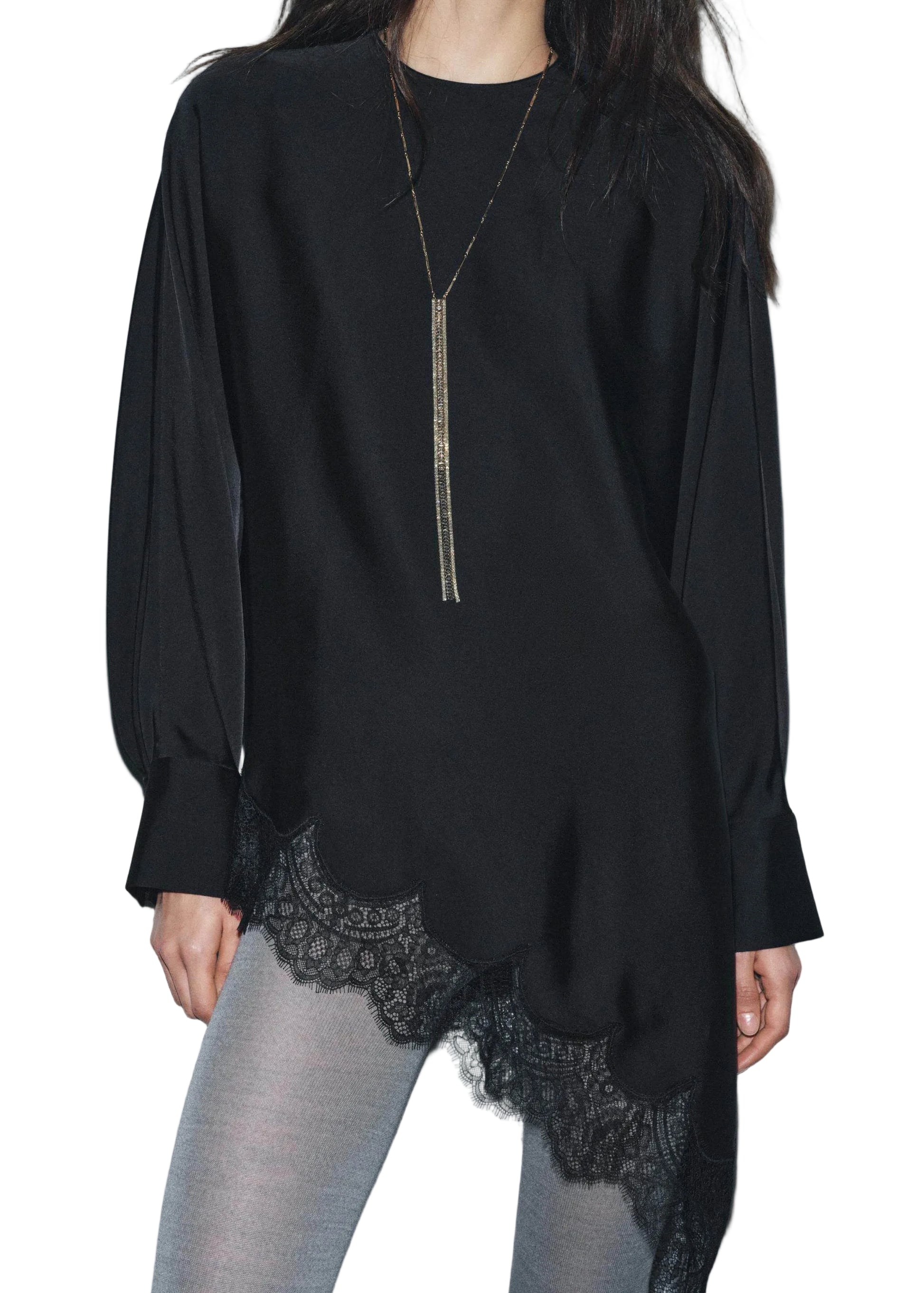 Women's Long Sleeve Shirt Asymmetrical Patchwork Lace Neckline 0