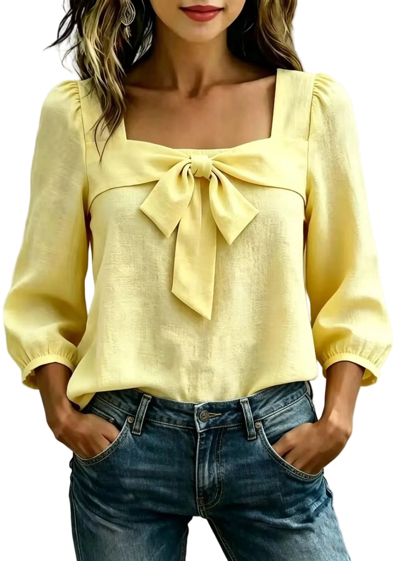 Women's Long Sleeve Shirt Square Collar Bow Detail 0