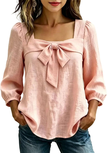 Women's Long Sleeve Shirt Square Collar Bow Detail 0