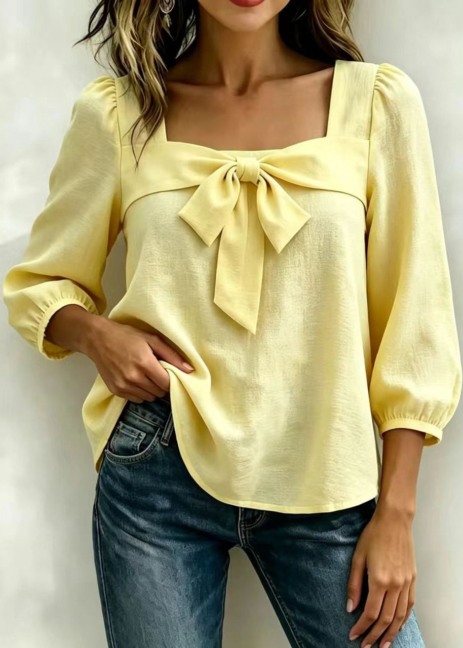 Women's Long Sleeve Shirt Square Collar Bow Detail 1