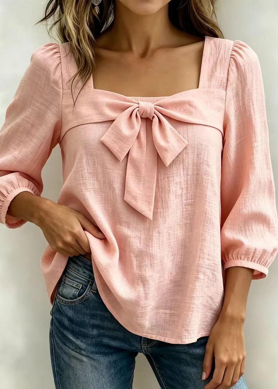 Women's Long Sleeve Shirt Square Collar Bow Detail 1