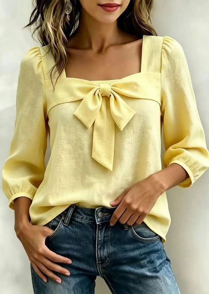 Women's Long Sleeve Shirt Square Collar Bow Detail 2