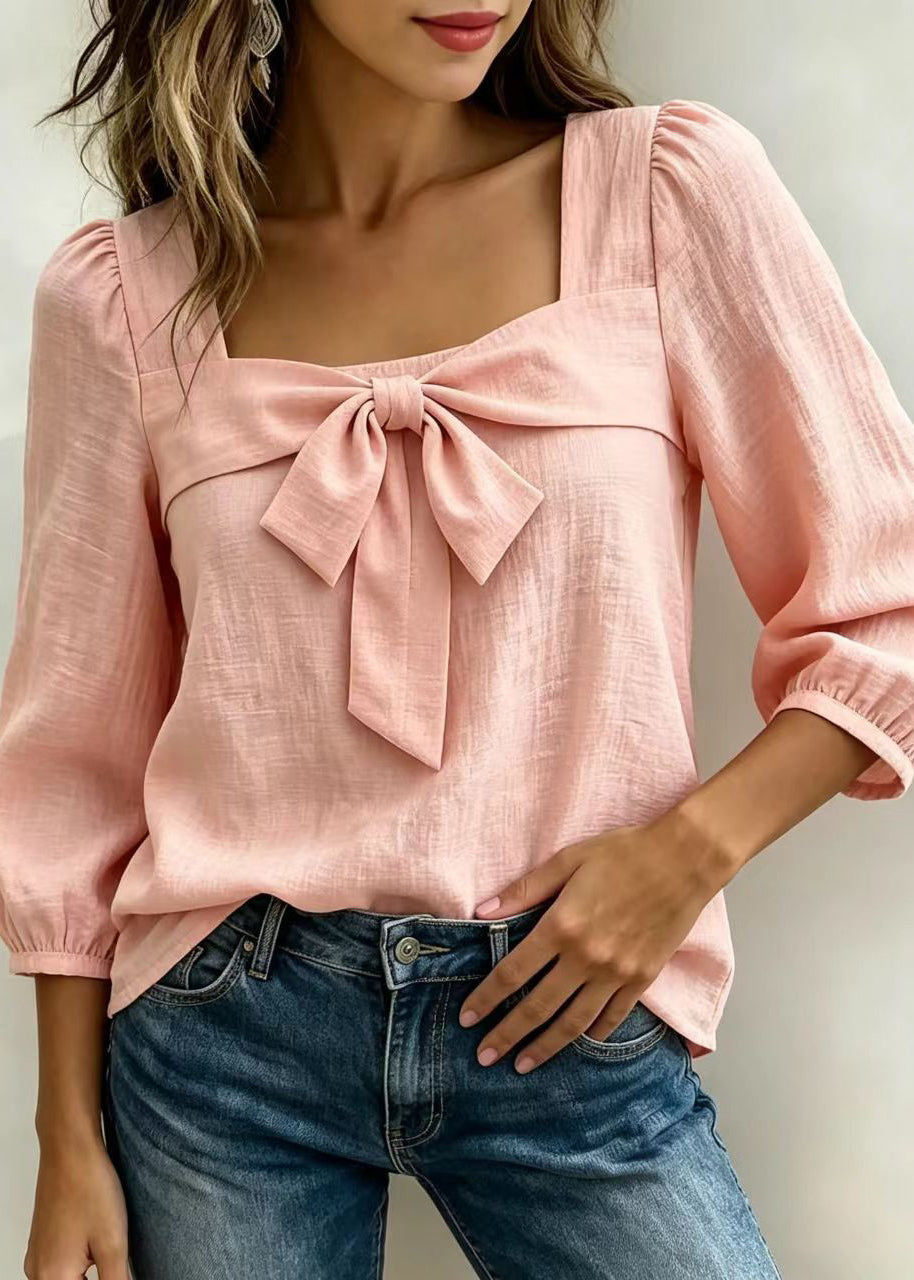 Women's Long Sleeve Shirt Square Collar Bow Detail 2