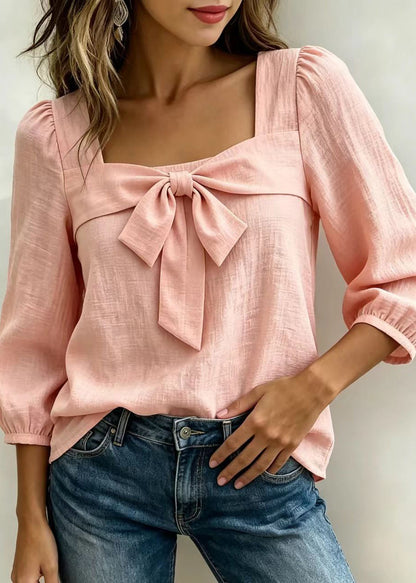 Women's Long Sleeve Shirt Square Collar Bow Detail 2