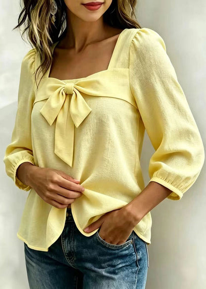 Women's Long Sleeve Shirt Square Collar Bow Detail 3