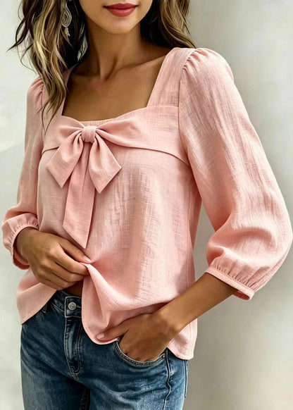 Women's Long Sleeve Shirt Square Collar Bow Detail 3