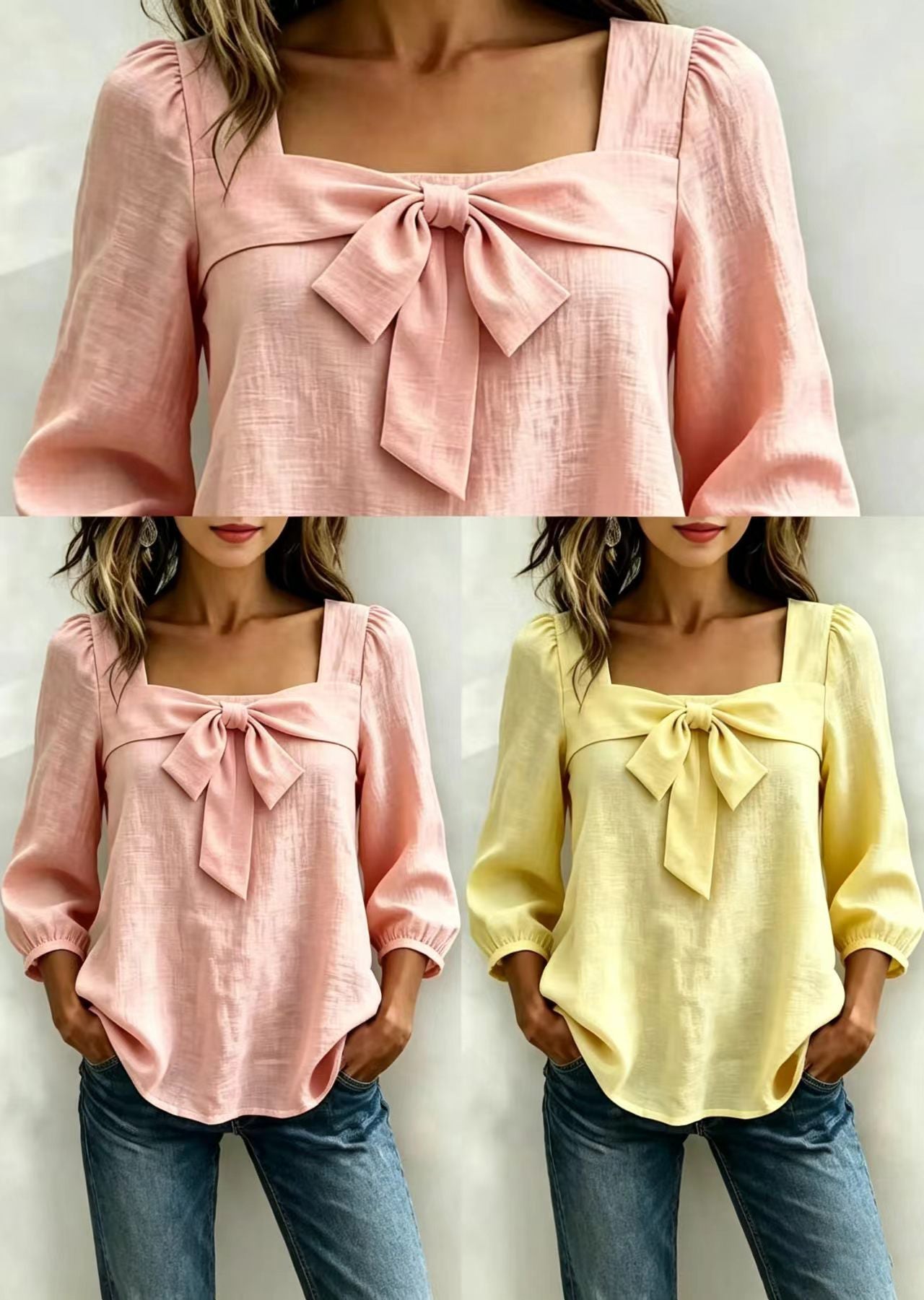 Women's Long Sleeve Shirt Square Collar Bow Detail 4