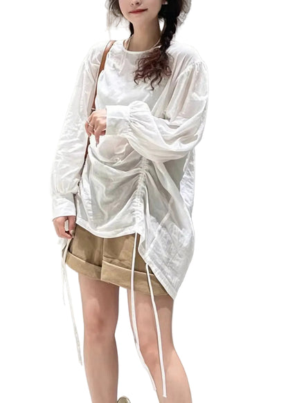 Women's Long Sleeve Shirt Top O-Neck Drawstring 1