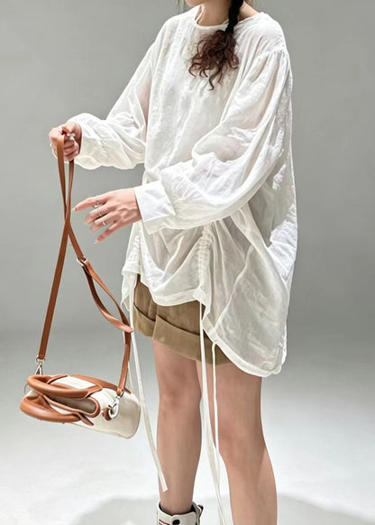 Women's Long Sleeve Shirt Top O-Neck Drawstring 4