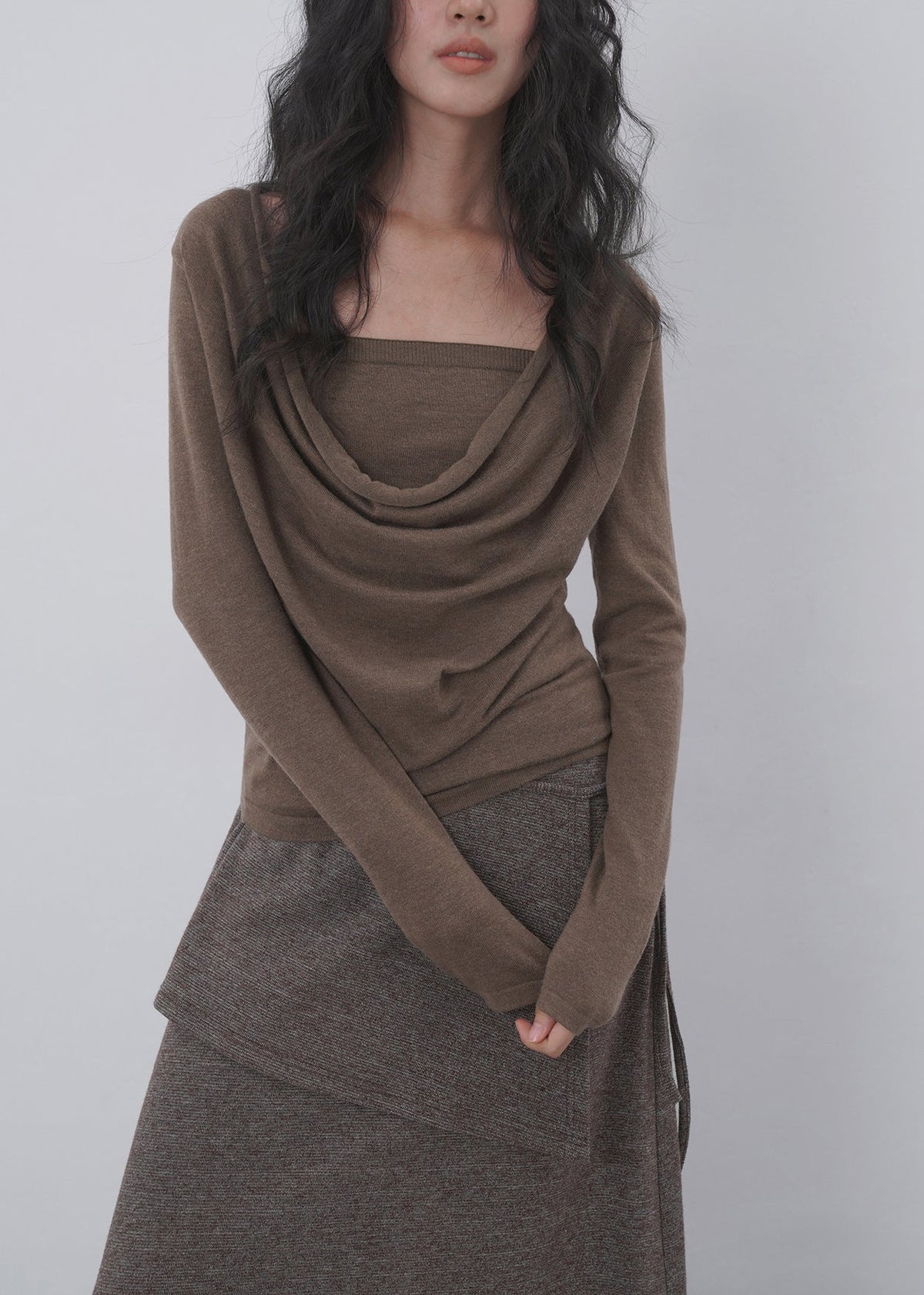 Women's Long Sleeve Shirt Two-Piece Style Cowl Neck 1