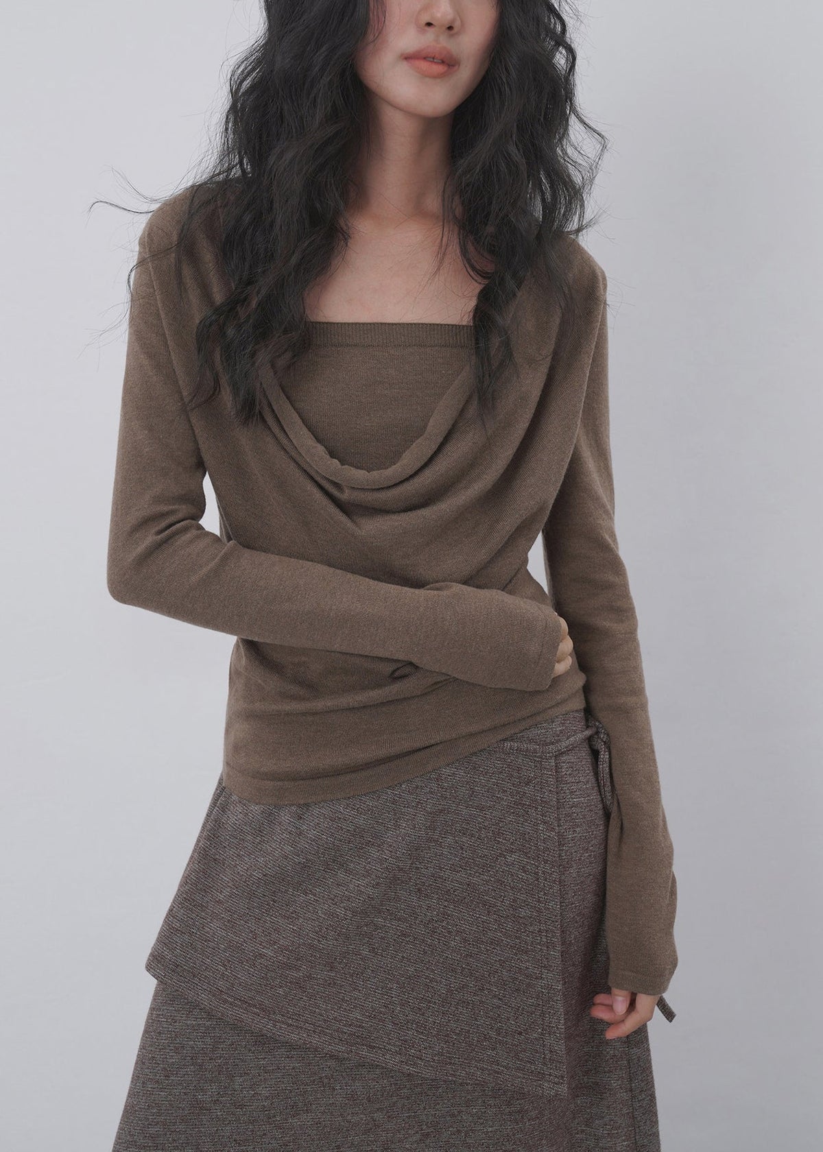 Women's Long Sleeve Shirt Two-Piece Style Cowl Neck 2