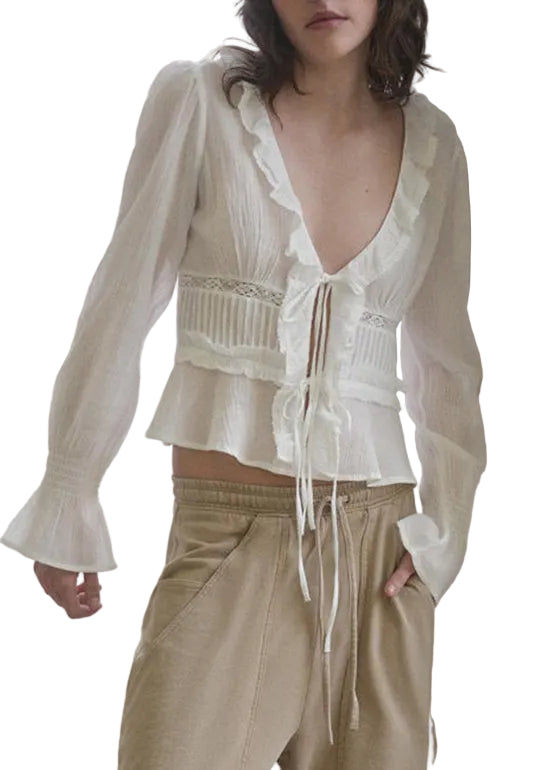 Women's Long Sleeve Top Ruffled Lace-Up Patchwork 1
