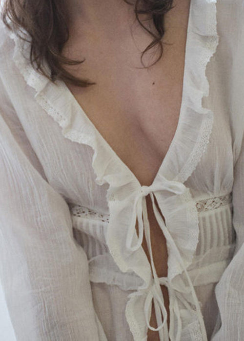 Women's Long Sleeve Top Ruffled Lace-Up Patchwork 3