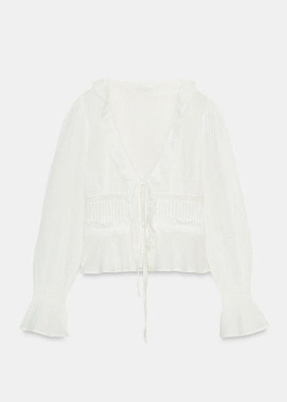 Women's Long Sleeve Top Ruffled Lace-Up Patchwork 4