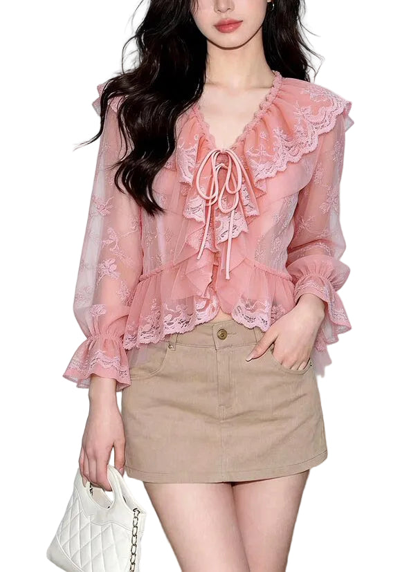 Women's Long Sleeve Top Ruffled Lace-Up Patchwork Blouse 0