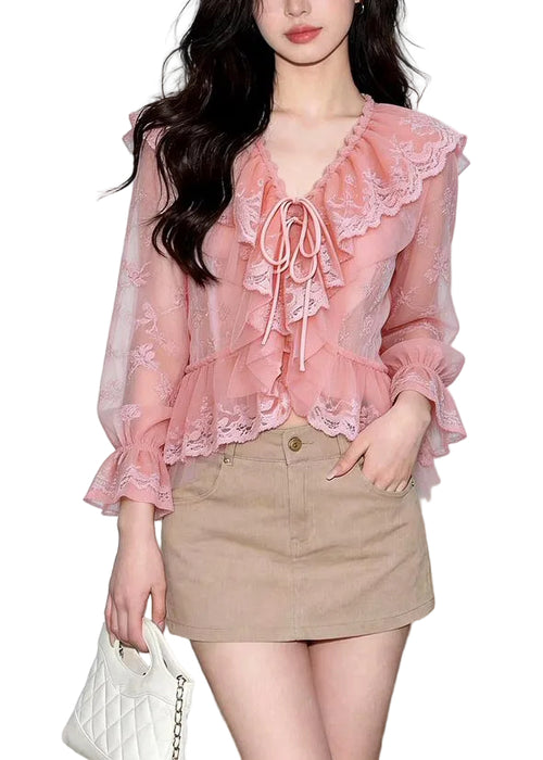 Women's Long Sleeve Top Ruffled Lace-Up Patchwork Blouse 0