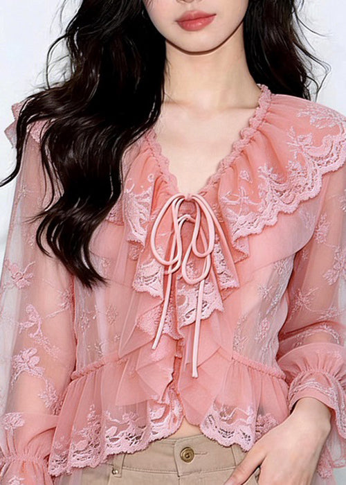 Women's Long Sleeve Top Ruffled Lace-Up Patchwork Blouse 1