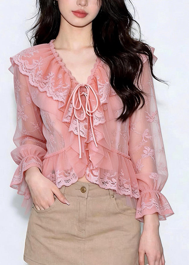 Women's Long Sleeve Top Ruffled Lace-Up Patchwork Blouse 2