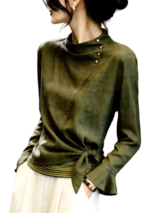 Women's Long Sleeve Top Stand Collar Bow Detail 0