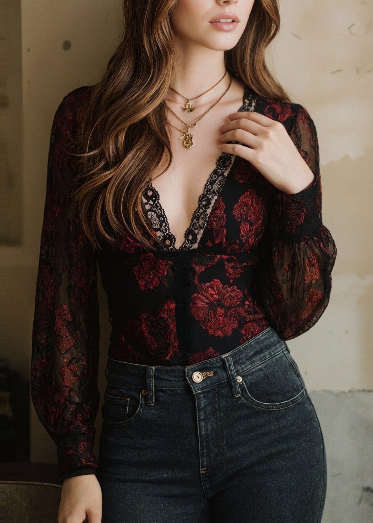 Women's Long Sleeve Top V Neck Lace Patchwork 4