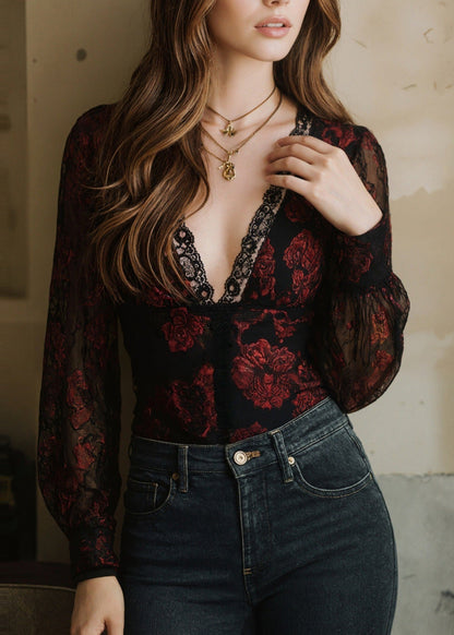 Women's Long Sleeve Top V Neck Lace Patchwork 4