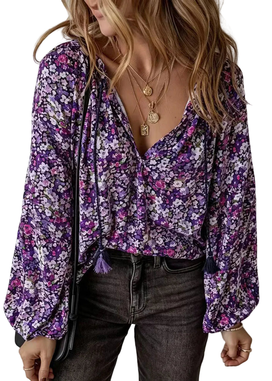 Women's Long Sleeve V Neck Printed Blouse 0