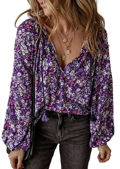 Women's Long Sleeve V Neck Printed Blouse 0