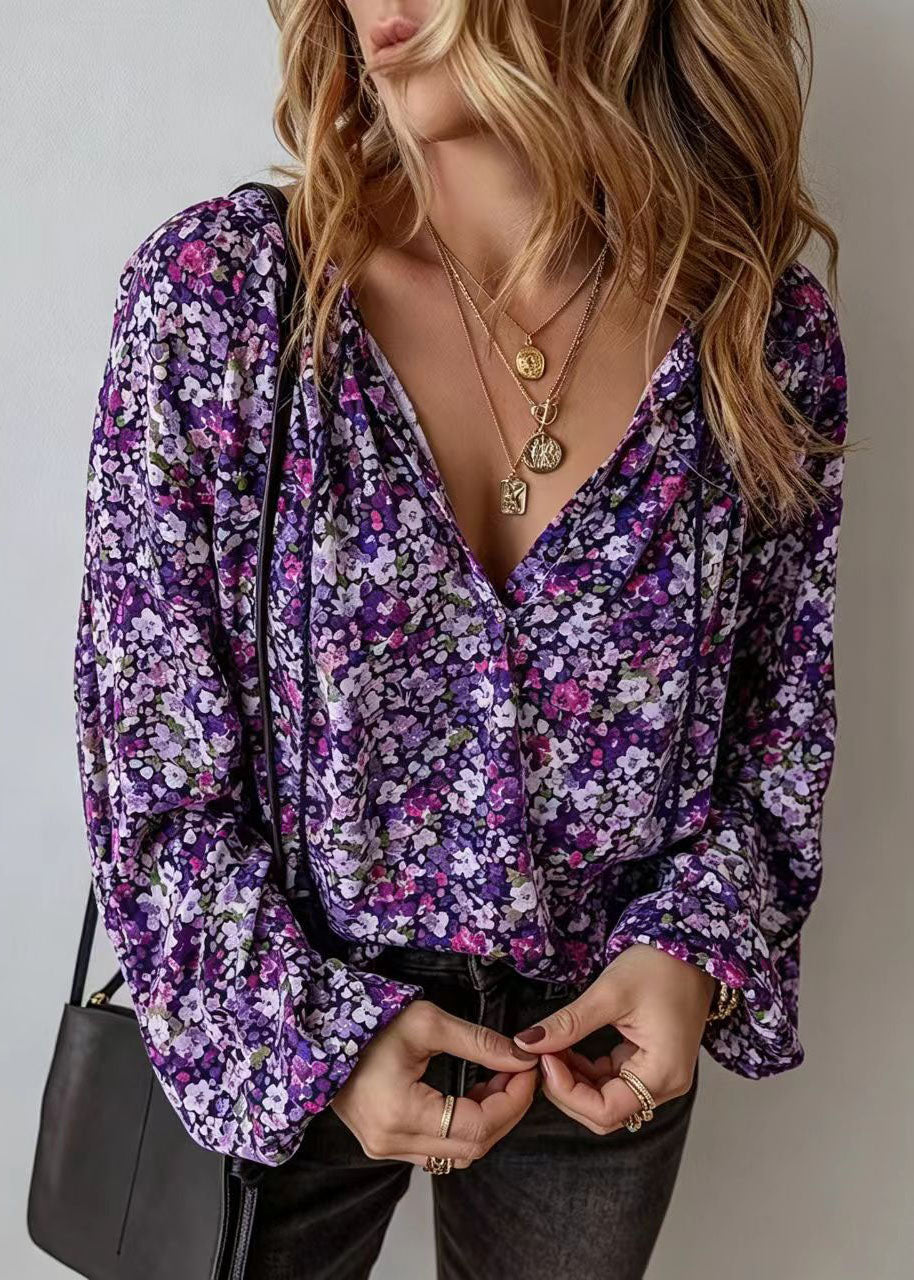 Women's Long Sleeve V Neck Printed Blouse 1
