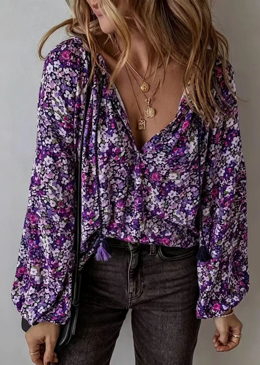 Women's Long Sleeve V Neck Printed Blouse 2
