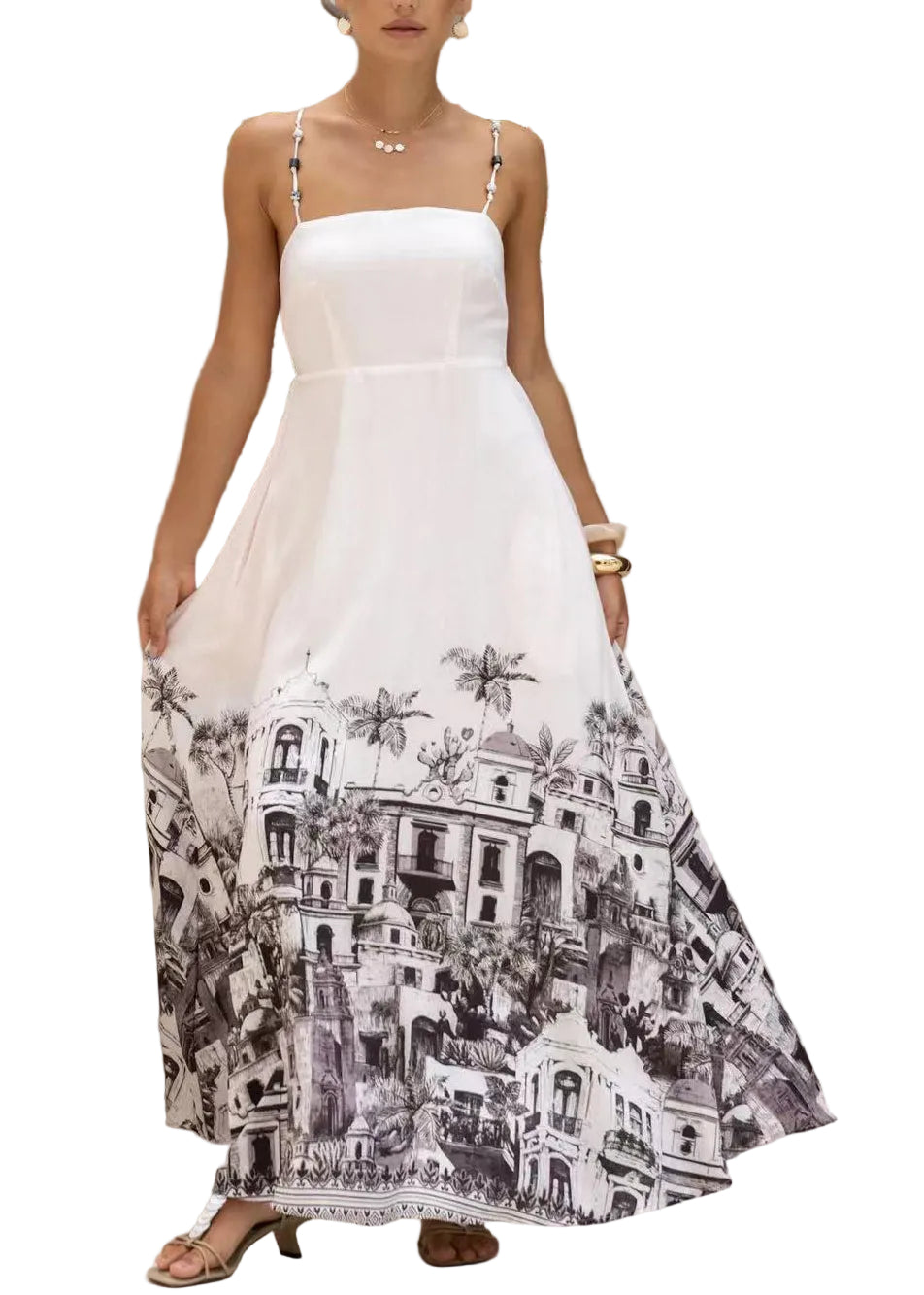 Women's Long Spaghetti Strap Dress Printed Summer Style 0