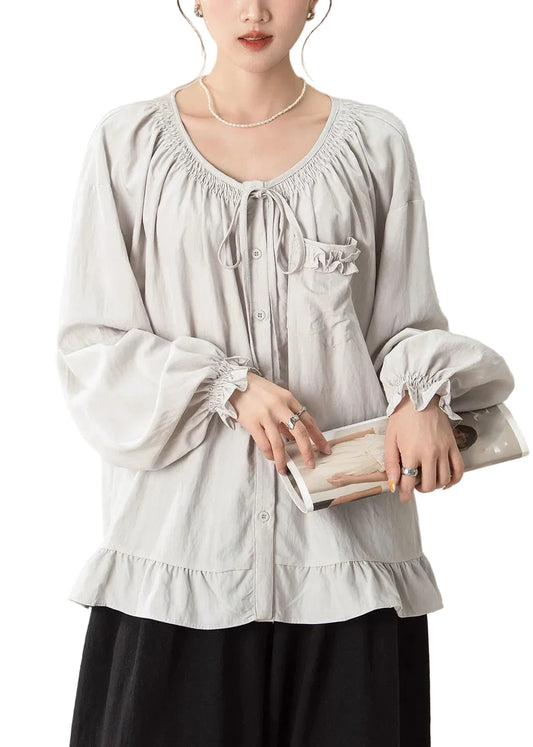Women's Loose Shirt Ruffled Patchwork Style 0