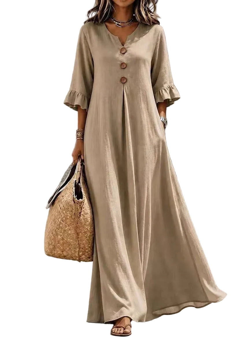Women's Loose V Neck Button Dress Casual Fall Style 0