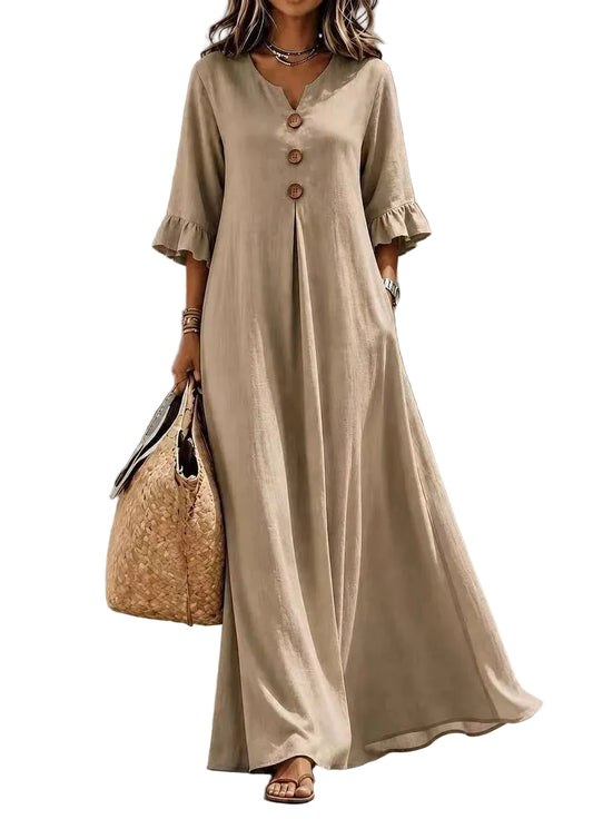 Women's Loose V Neck Button Dress Casual Fall Style 0