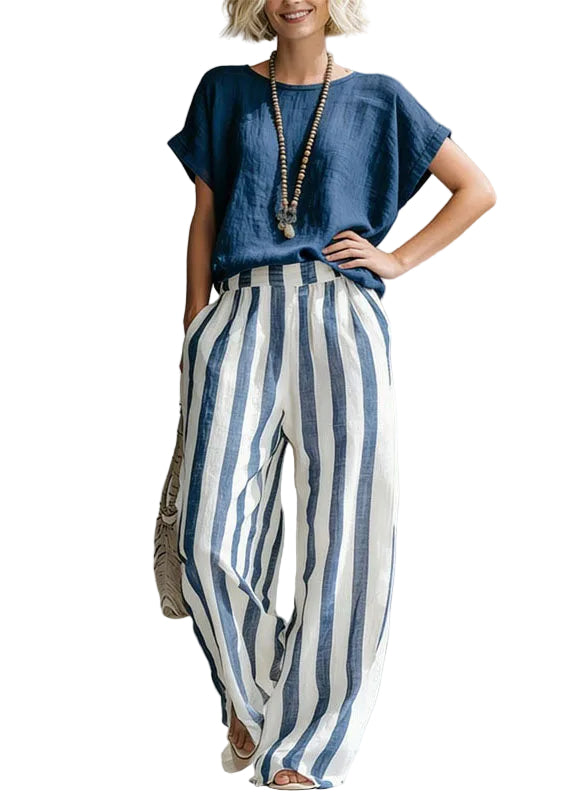 Women's Loungewear Set O-Neck Top and Striped Straight Pants 0