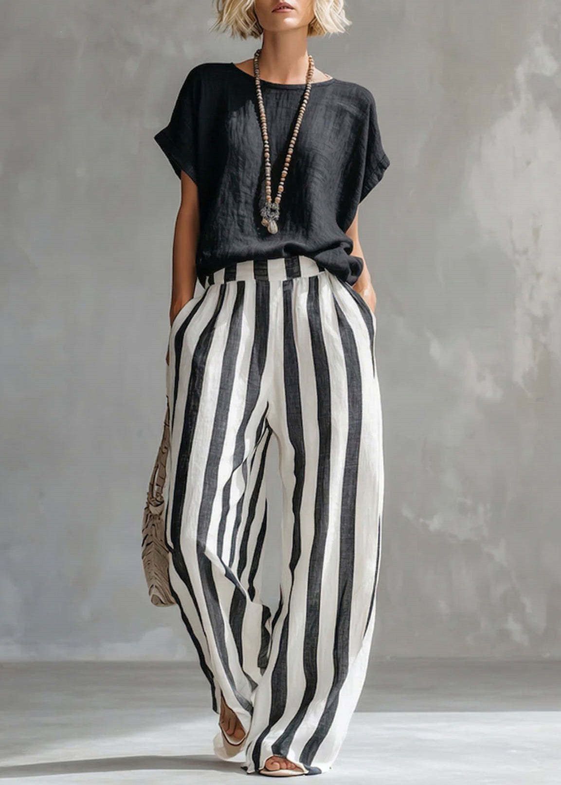 Women's Loungewear Set O-Neck Top and Striped Straight Pants 1
