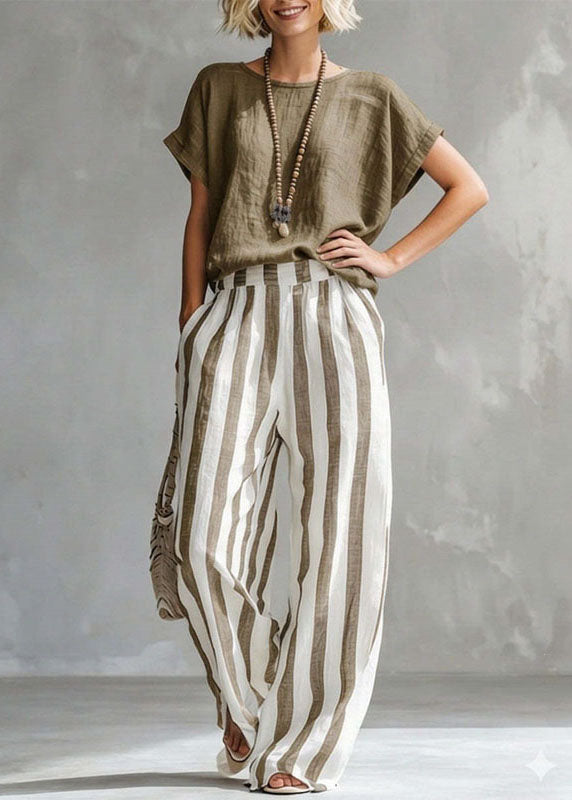 Women's Loungewear Set O-Neck Top and Striped Straight Pants 2