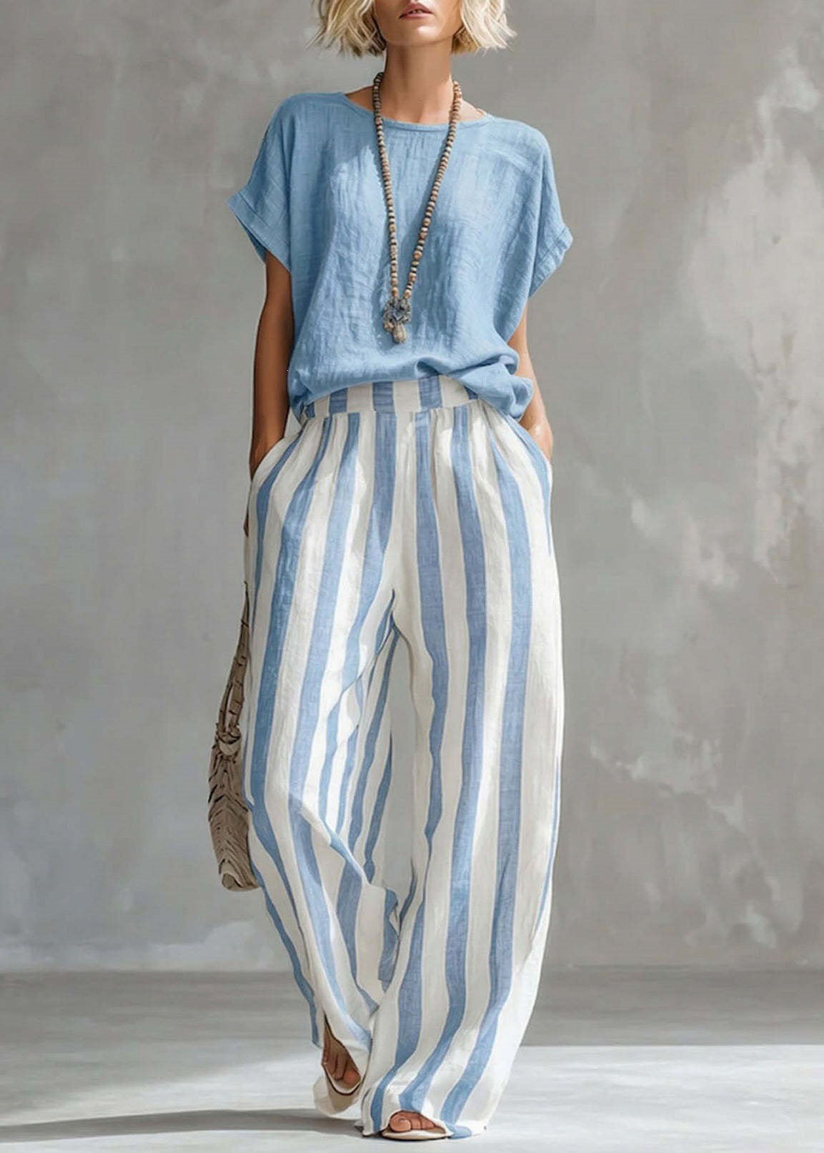 Women's Loungewear Set O-Neck Top and Striped Straight Pants 3