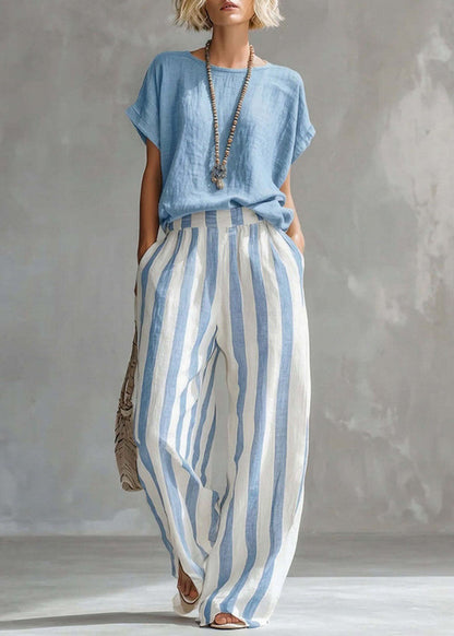 Women's Loungewear Set O-Neck Top and Striped Straight Pants 3