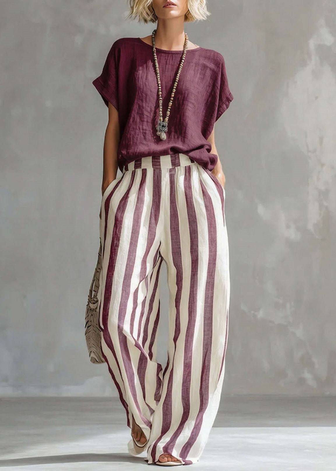 Women's Loungewear Set O-Neck Top and Striped Straight Pants 4