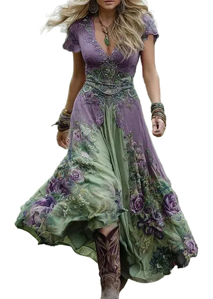 Women's Maxi Dress Bohemian V Neck Print Short Sleeve 0