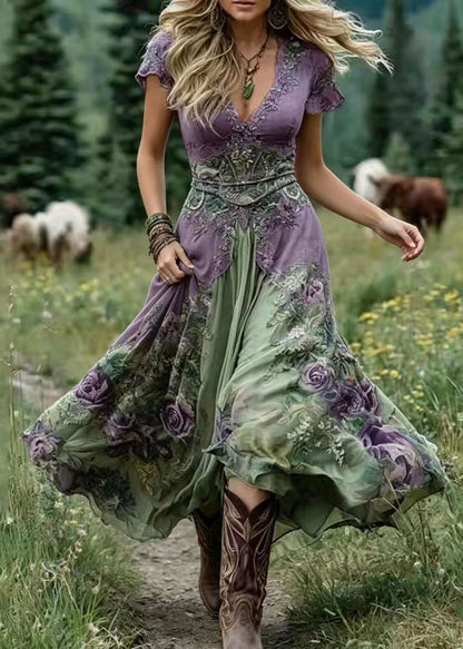 Women's Maxi Dress Bohemian V Neck Print Short Sleeve 1