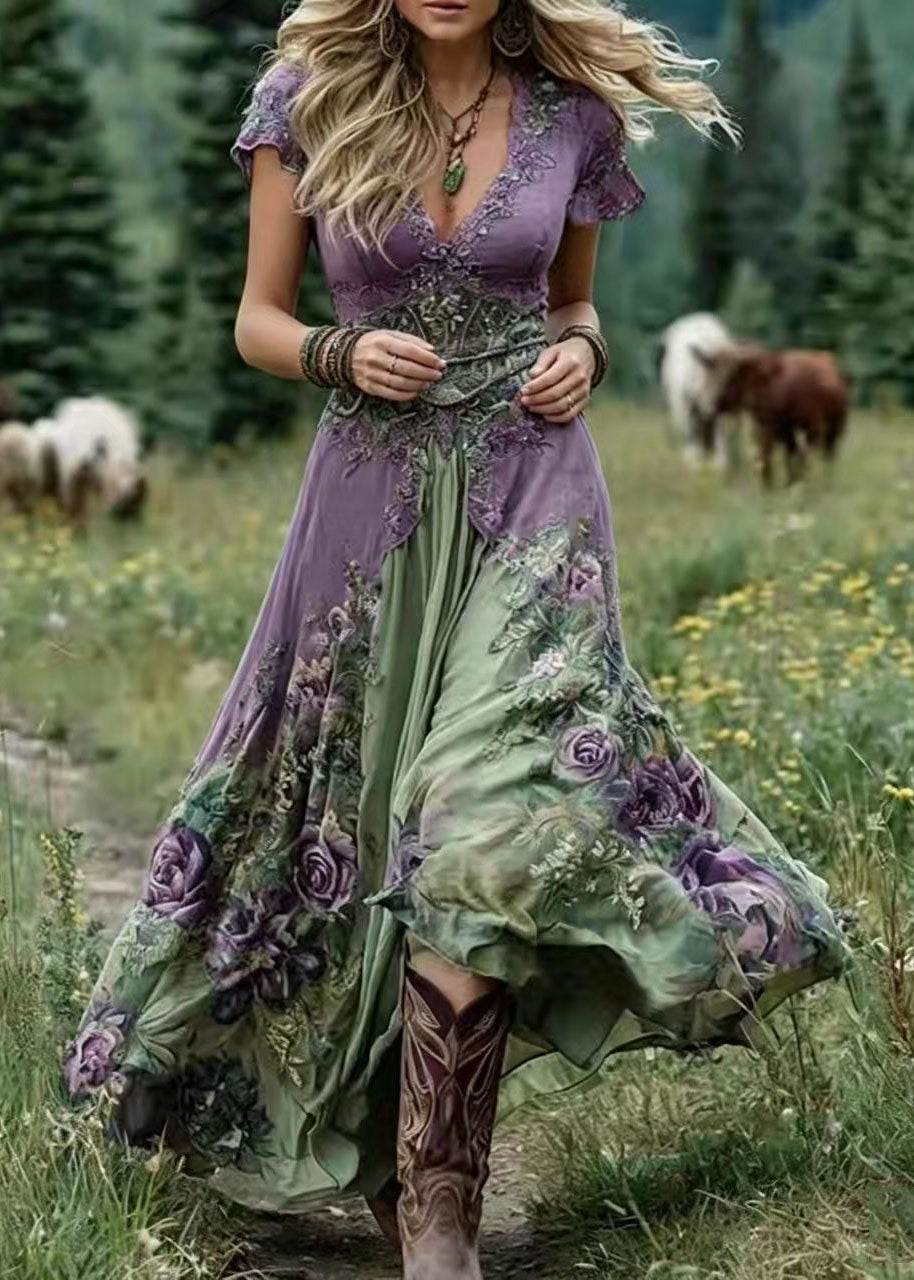 Women's Maxi Dress Bohemian V Neck Print Short Sleeve 2