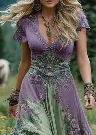 Women's Maxi Dress Bohemian V Neck Print Short Sleeve 3