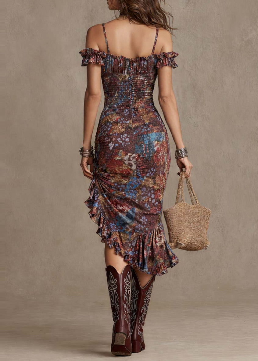 Women's Maxi Dress Cold Shoulder Ruffled Asymmetrical Design 1