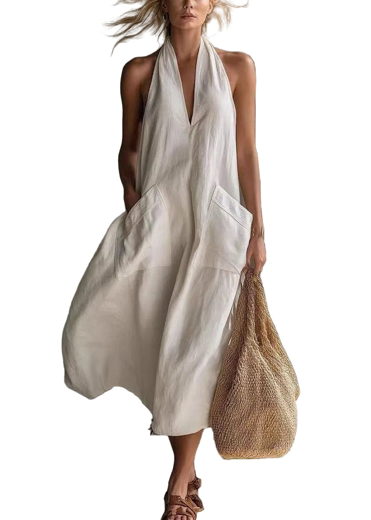 Women's Maxi Dress Halter V Neck Sleeveless with Pockets 0