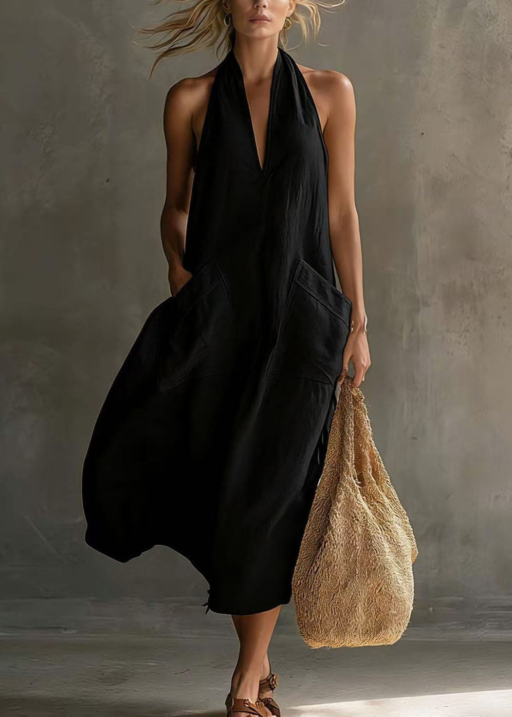 Women's Maxi Dress Halter V Neck Sleeveless with Pockets 1