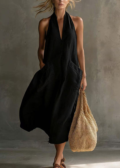 Women's Maxi Dress Halter V Neck Sleeveless with Pockets 1