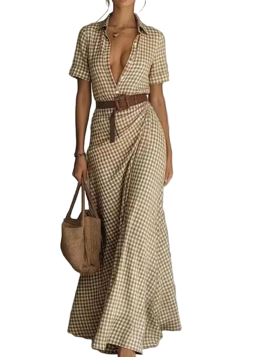 Women's Maxi Dress Peter Pan Collar Plaid Short Sleeve 0